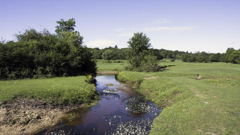 River meandering through countryside, green fields and footpath along waters edge