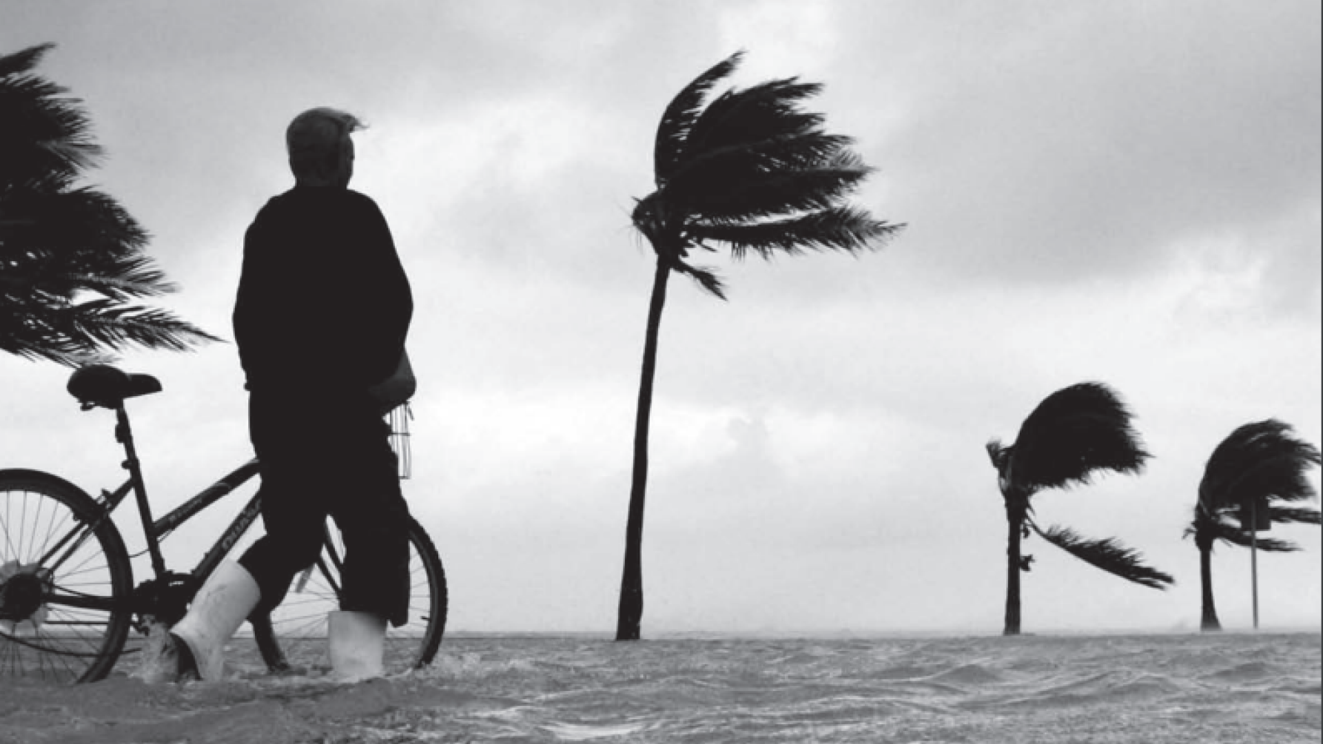 A person walking their bike through flood waters in tropical climbs