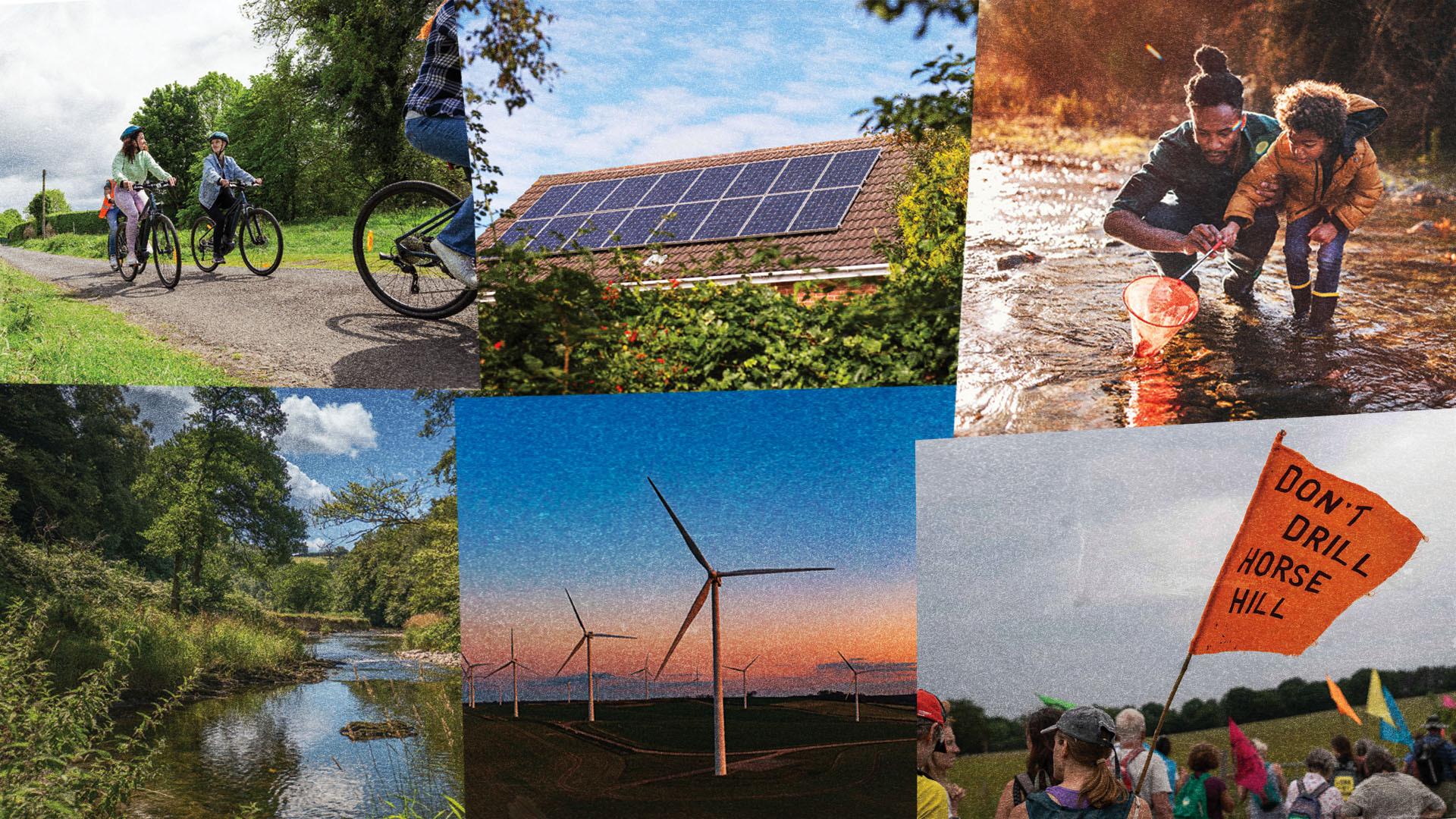 A collage of images: people riding bikes, solar panels, a child and father exploring a river, a clean river, wind turbines and protestors.