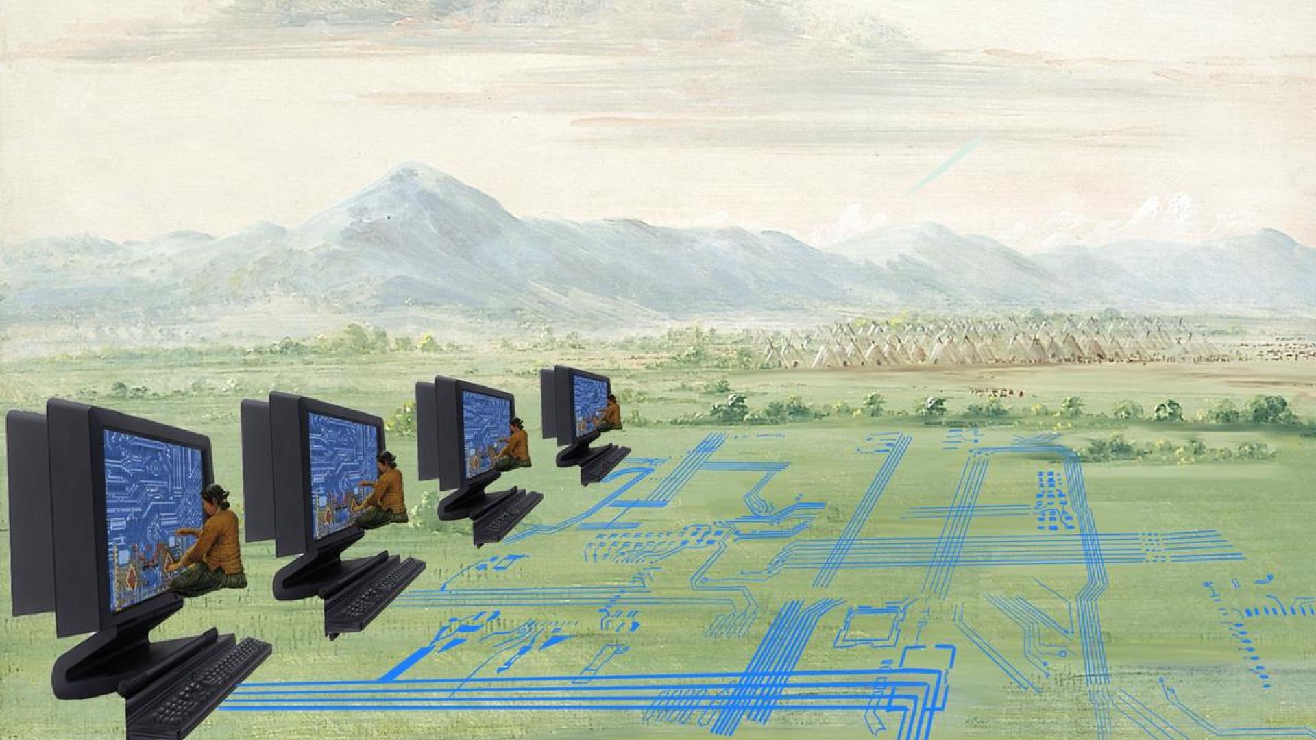 The image shows a surreal landscape with vast green fields extending toward distant mountains under a cloudy sky. Embedded in the fields are digital circuit patterns, resembling an intricate network of blue lines, representing a technological infrastructure. Five large computer monitors with keyboards are placed in a row, each with a Navajo woman sitting in front, weaving the computers. In the far distance, a cluster of teepees is visible.