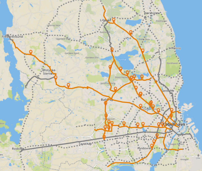 Map of extensive cycle superhighways in Denmark