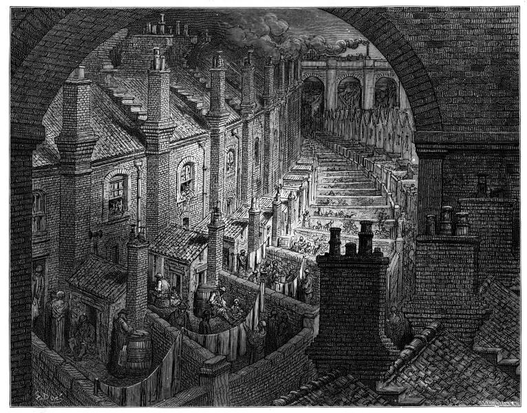 Victorian engraving of back to back housing inner-London c1870