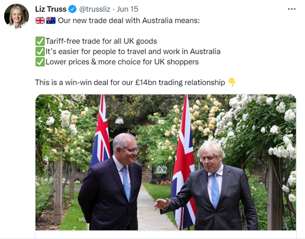 Screen shot of Liz Truss tweet about Australia trade deal