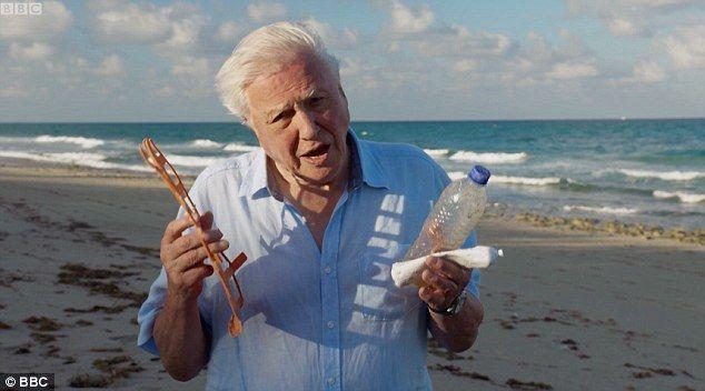 Sir David Attenborough holding plastic rubbish, talking to camera, sea in background