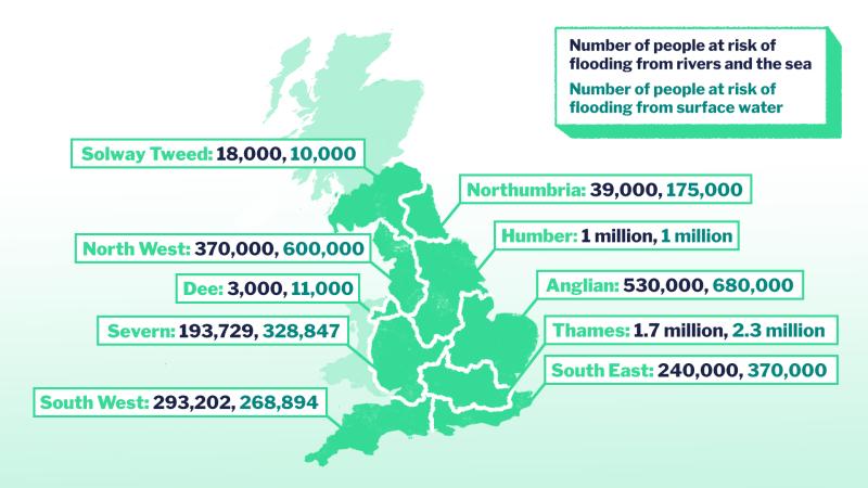 A map showing the number of people at risk of flooding