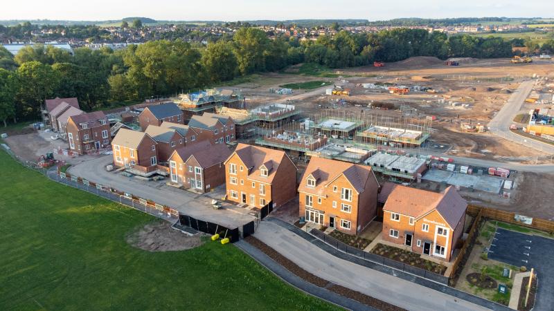 Aerial view of a housing development under construction.