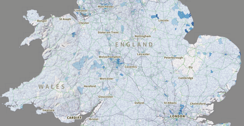 A map of England and Wales highlighting areas at risk of flooding