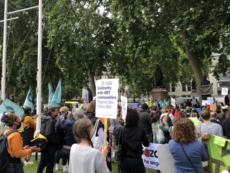 Friends of the Earth supporting Drive 2 Survive protest at Parliament Square on 7th July 2021. Opposing the impact of the Policing Bill on Gypsy, Roma and Traveller communities.