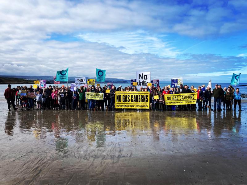 Boots on the Beach- No Gas Caverns campaign. A local solidarity action on 2 April 2023, hundreds of people took to Browns Bay beach Islandmagee, to protest against proposals to build 7 sky scraper sized caverns, solution mined under the sea bed and the waste to be discharged creating a 'dead zone' for marine life.