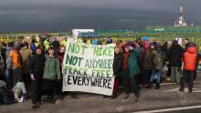 Groups of demonstrators stage peaceful protest outside gates to Cuadrilla's fracking site at Preston New Road.