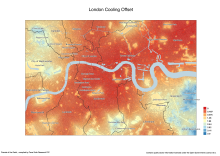 A map of London showing areas that benefit from cooling by trees and green space