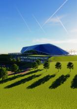 An illustration of what Rolls-Royce say their Small Modular Nuclear Reactor may look like, set in a green field setting 