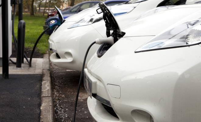 A row of electric cars plugged in to chargers