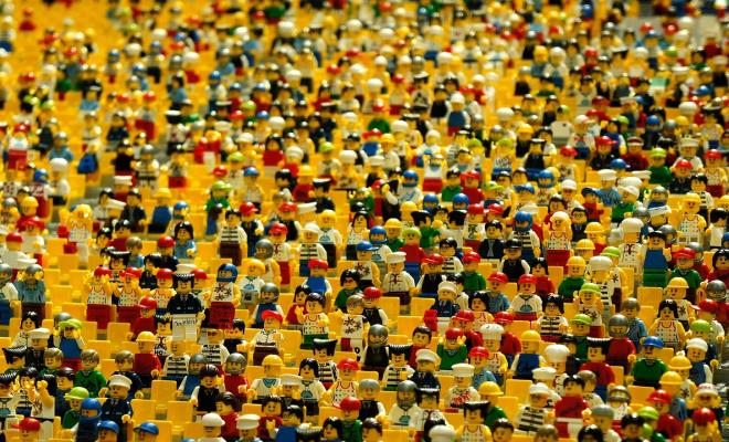 Close up of hundreds of Lego figurines