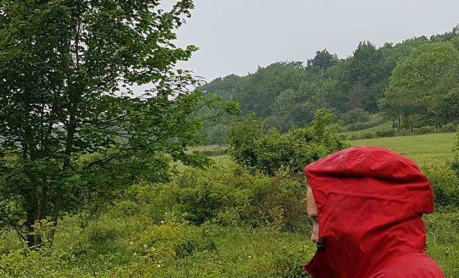 Woman in red anorak walking in the green belt in Kent