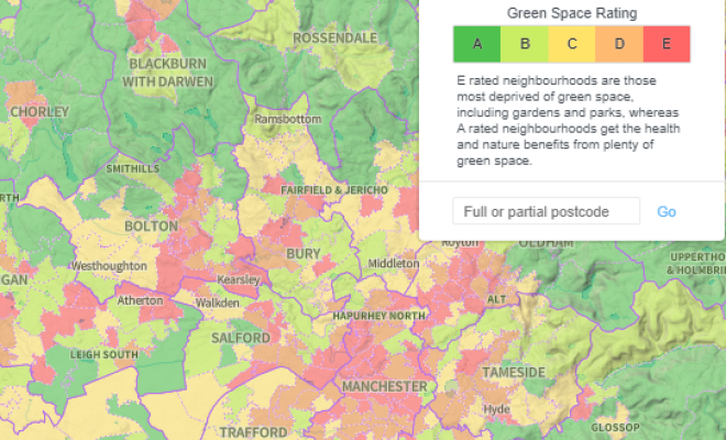 map of Manchester area with green space deprived neighbourhoods coloured red