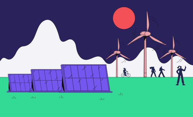 Illustration of solar panels and wind farms