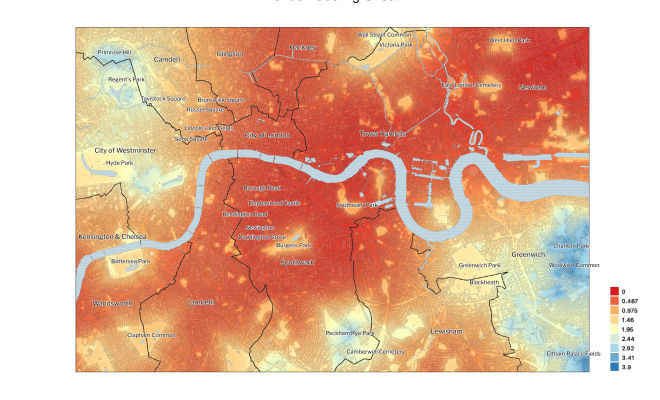 A map of London showing areas that benefit from cooling by trees and green space