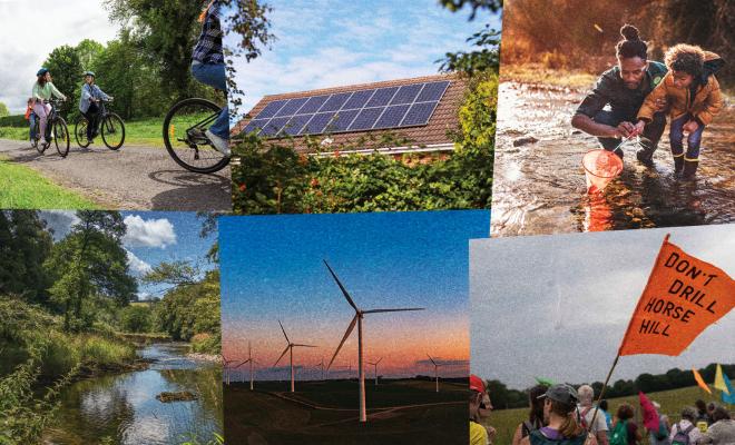 A collage of images: people riding bikes, solar panels, a child and father exploring a river, a clean river, wind turbines and protestors.