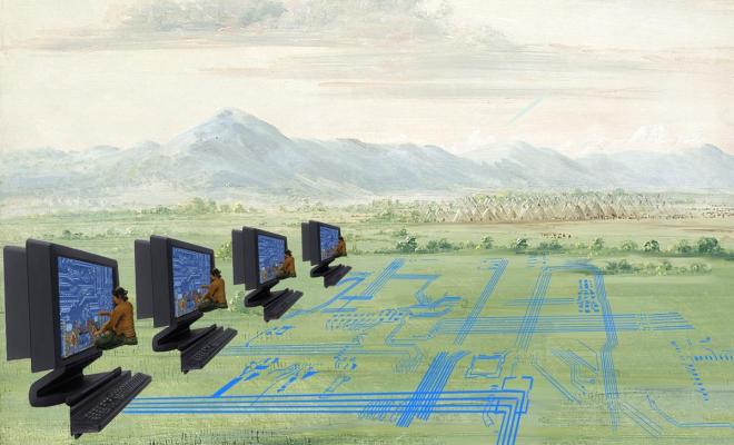 An illustrated landscape with a green plain and white mountains in the distance. To the left there are four giant computers with a person sat at each of them and imaginary wires weaving across the plain.